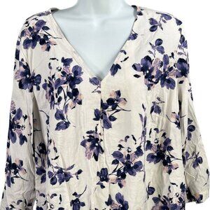 J. Jill Cream and Blue Floral V-Neck Blouse